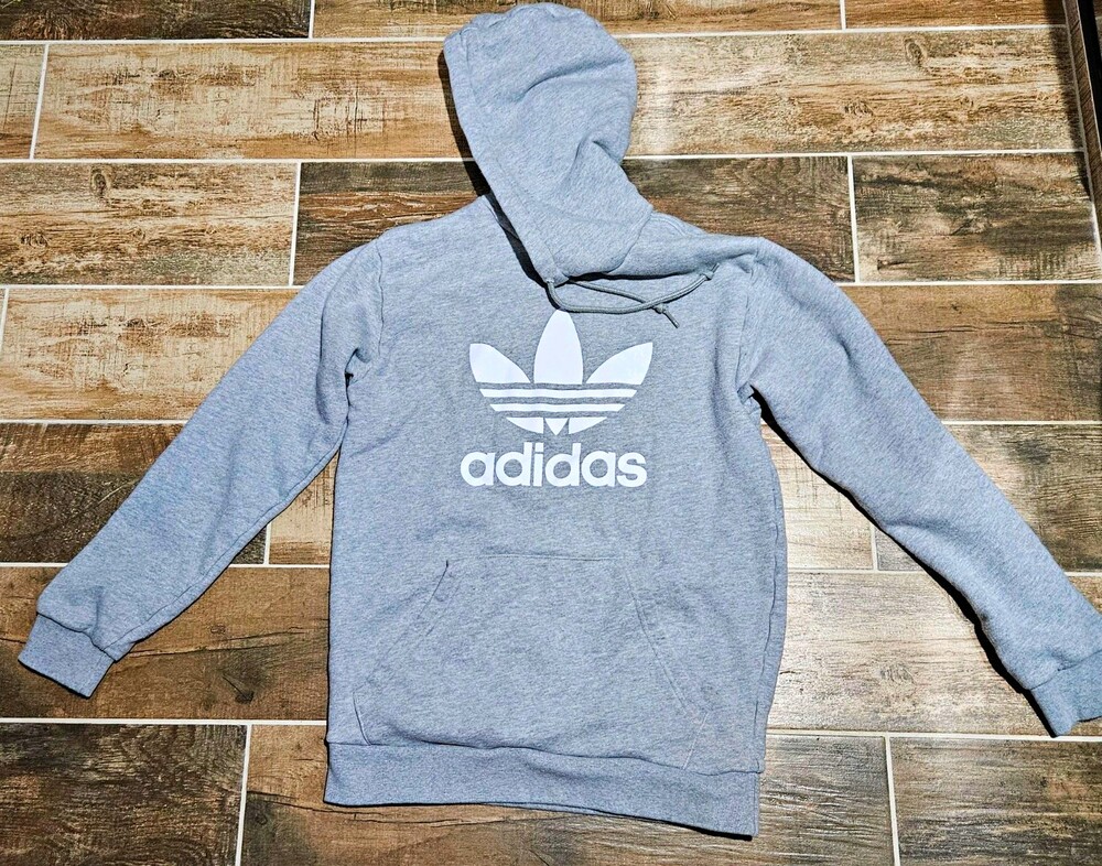 adidas Originals Gray Trefoil Logo Pullover Hoodie Fleece Pockets Mens XS. 189